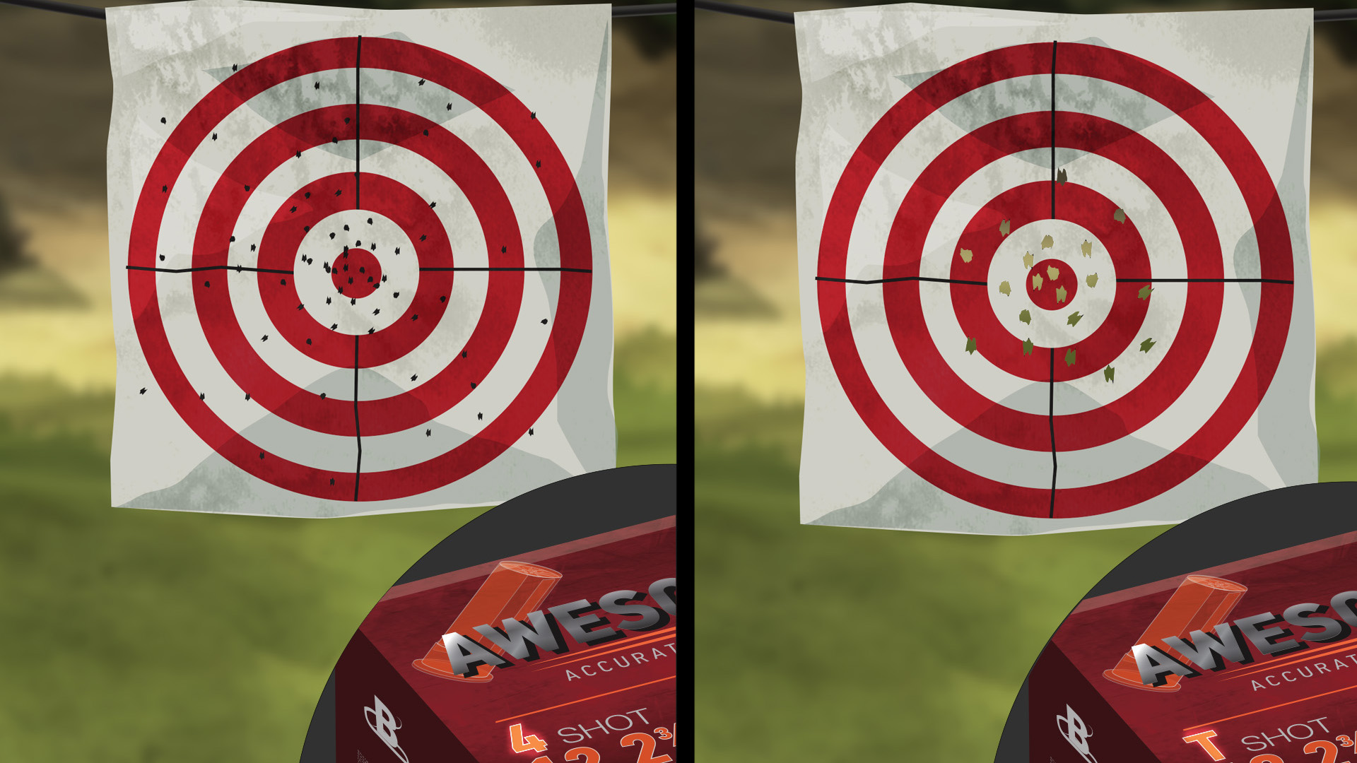 Illustration of a target with a wide shot pattern and another target with a tight shot pattern and their corresponding boxes of shotshells.