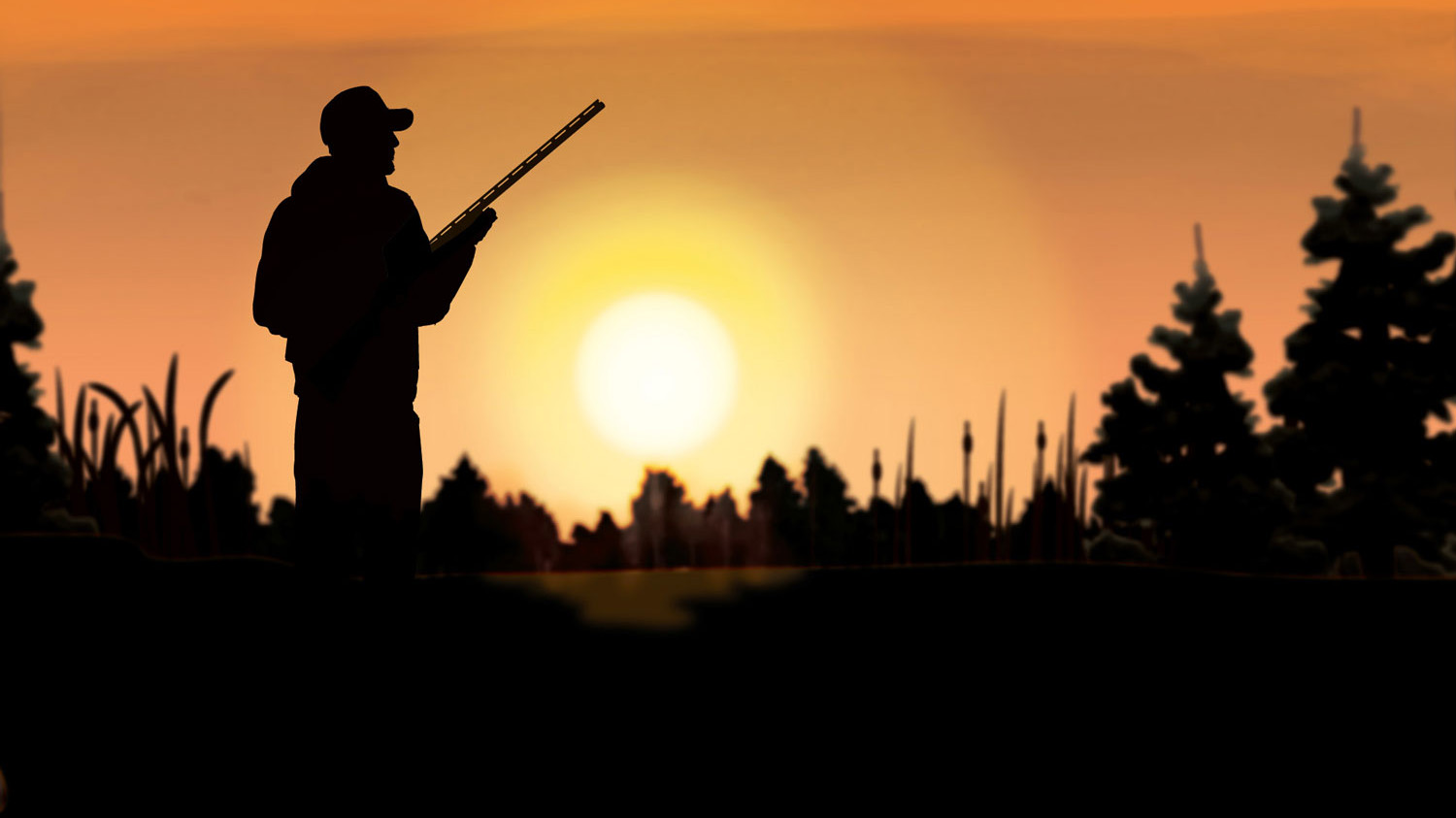 Illustration of a hunter hunting at sunset.