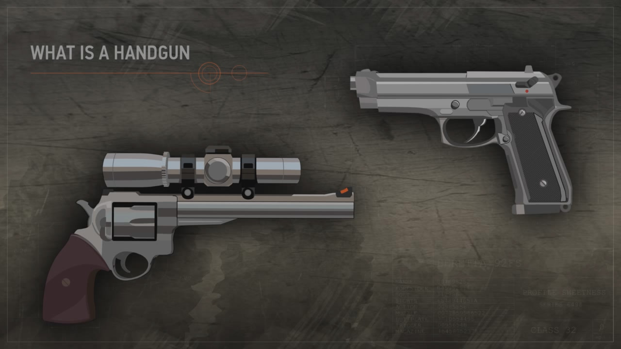 Illustration of a handgun and a revolver.