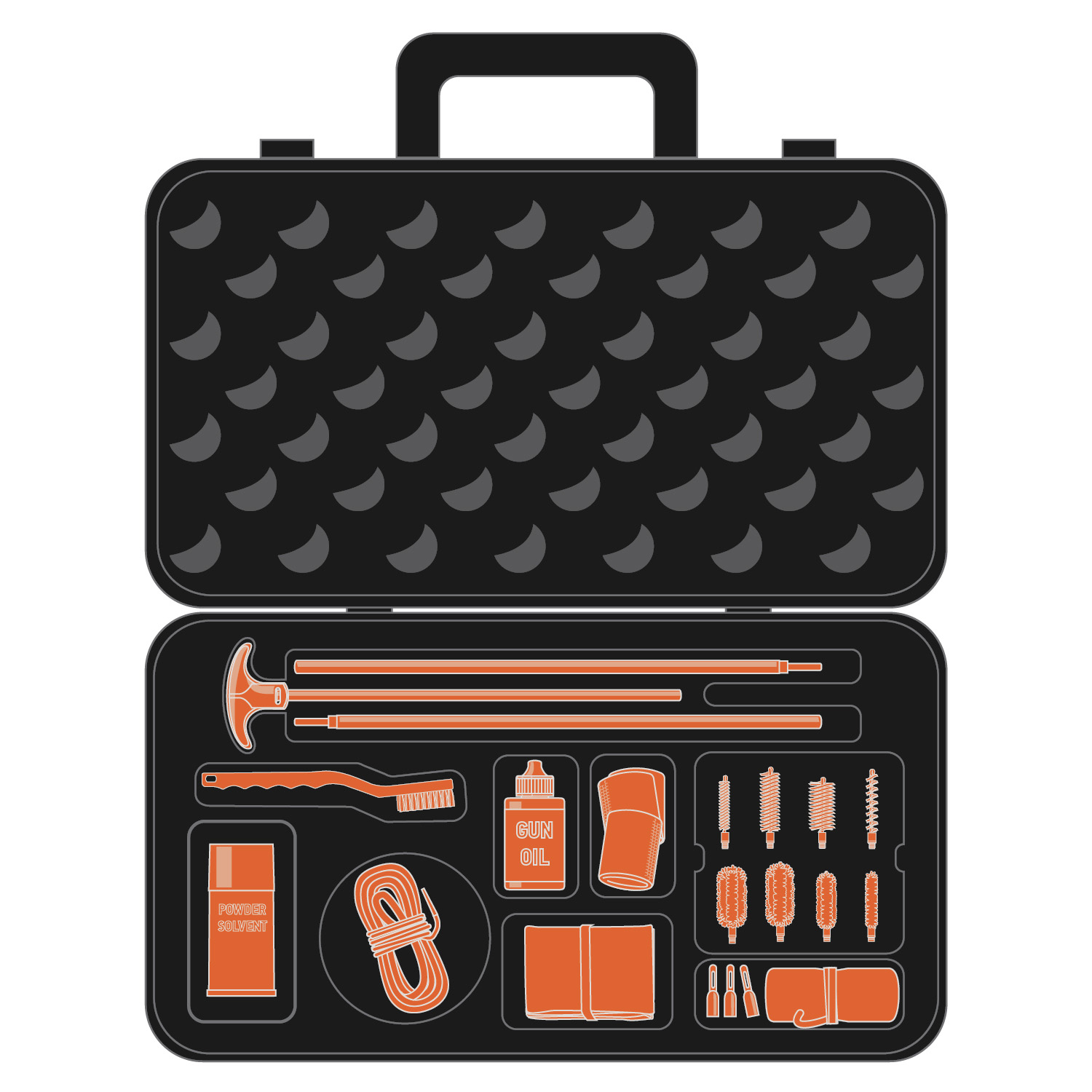 Illustration of a complete cleaning kit with all components highlighted in orange.