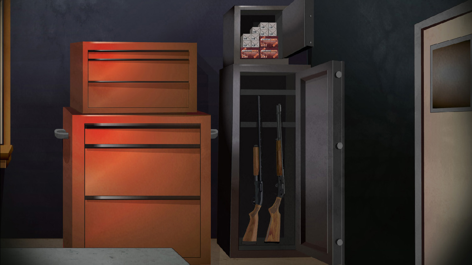 Illustration of firearms and ammunition stored in their own safes in a garage.