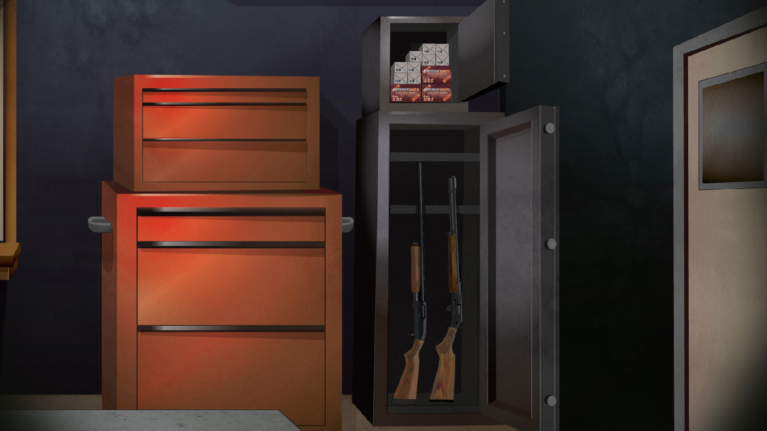 Illustration of firearms and ammunition in their own safes in a garage.