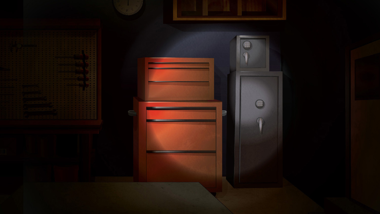 Illustration of a darkened garage with a spotlight illuminating locked firearm and ammunition safes.