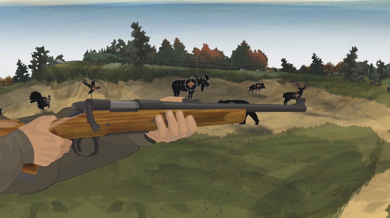 Illustration of a hunter's hands holding a bolt action rifle with the muzzle pointed in a safe direction.
