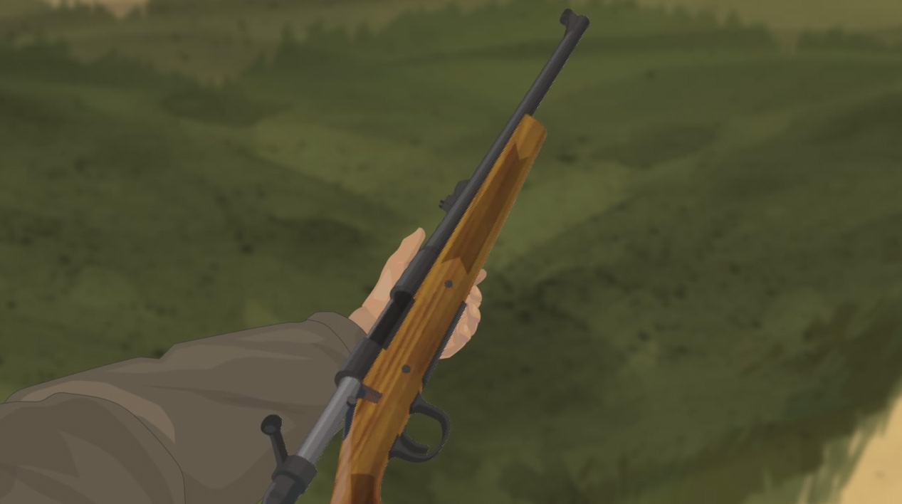 Illustration of a hunter's hands holding a bolt action rifle on its side with the action open.