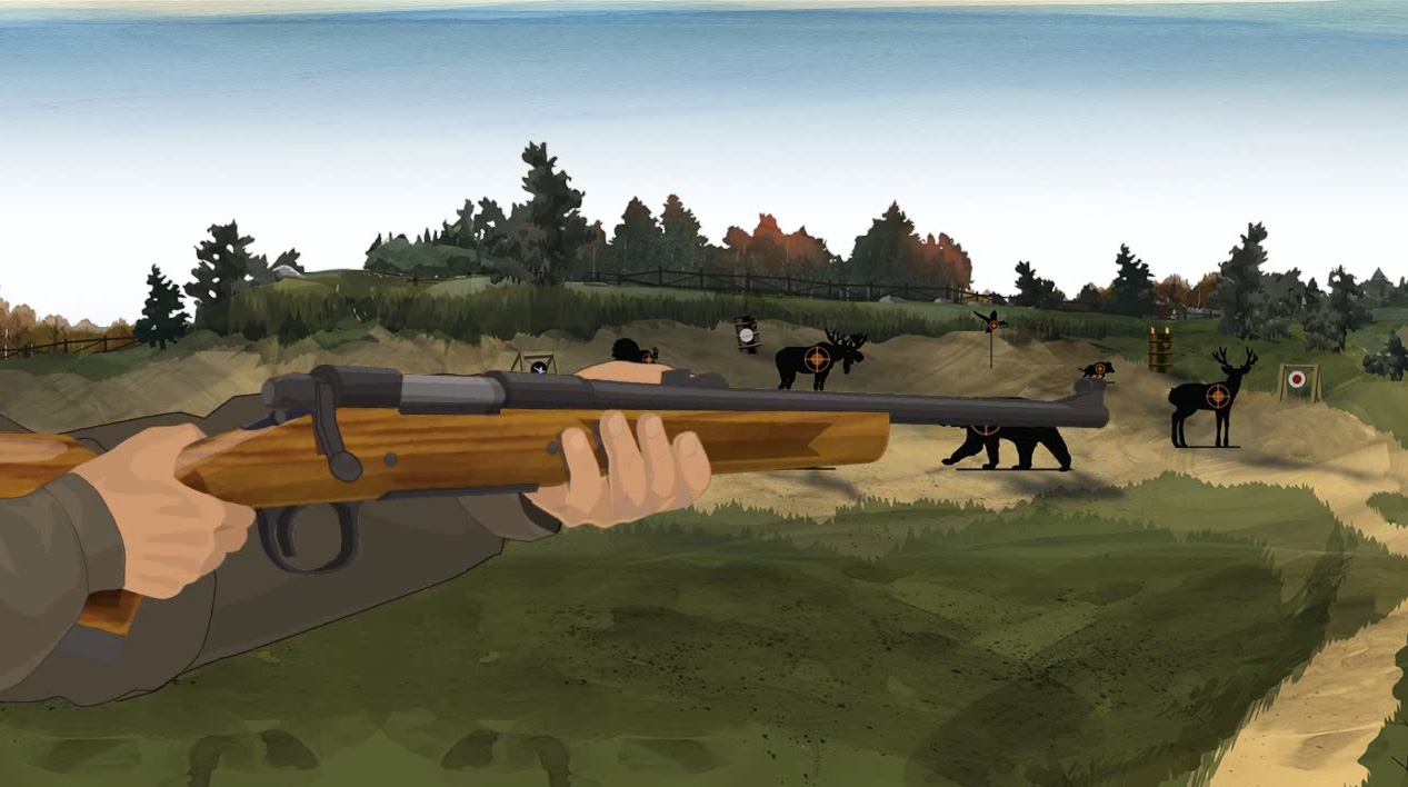 Illustration of a hunter's hands holding a bolt action shotgun.