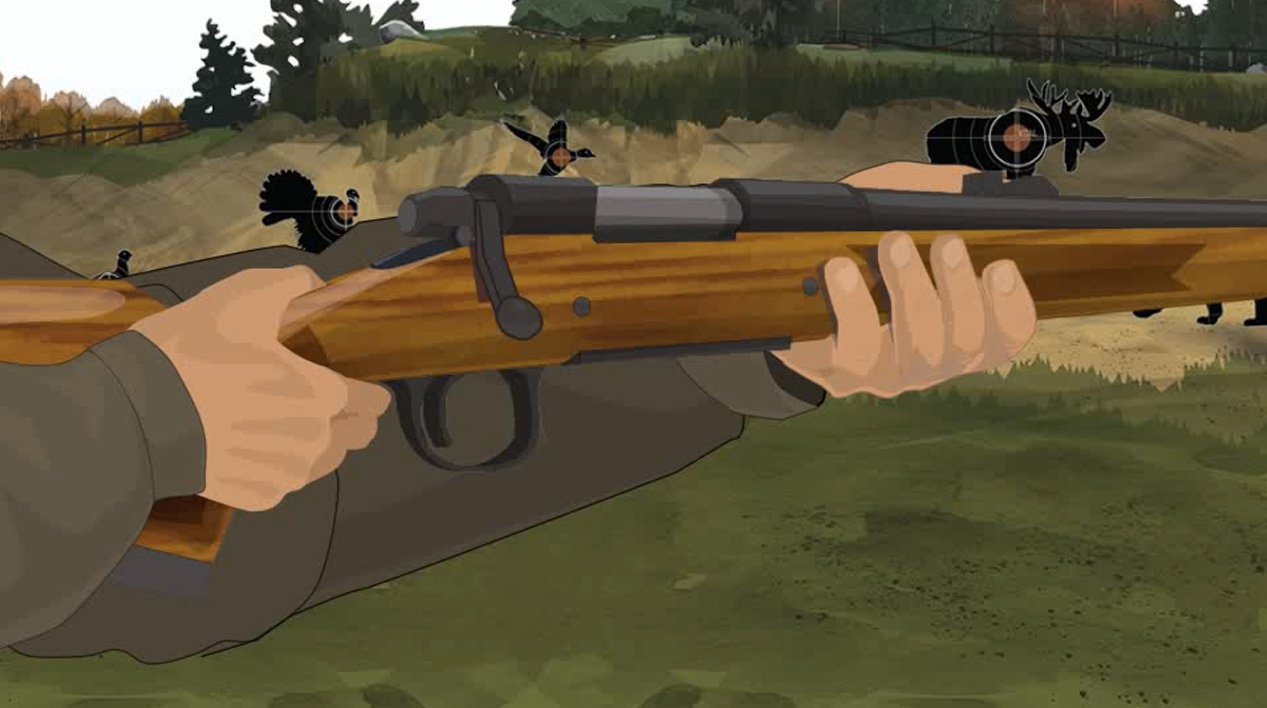 Illustration of a hunter's hands keeping off the trigger of a bolt action rifle.