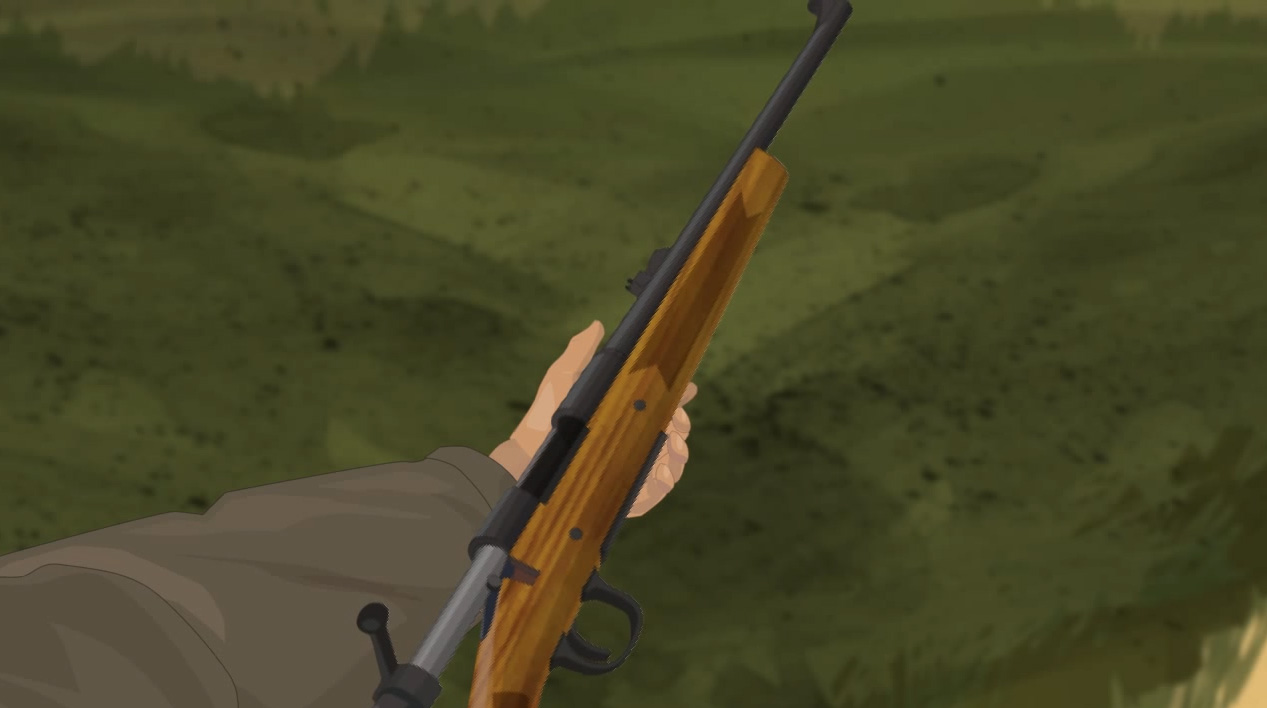 Illustration of a hunter's hands holding a bolt action rifle on its side with the action open.