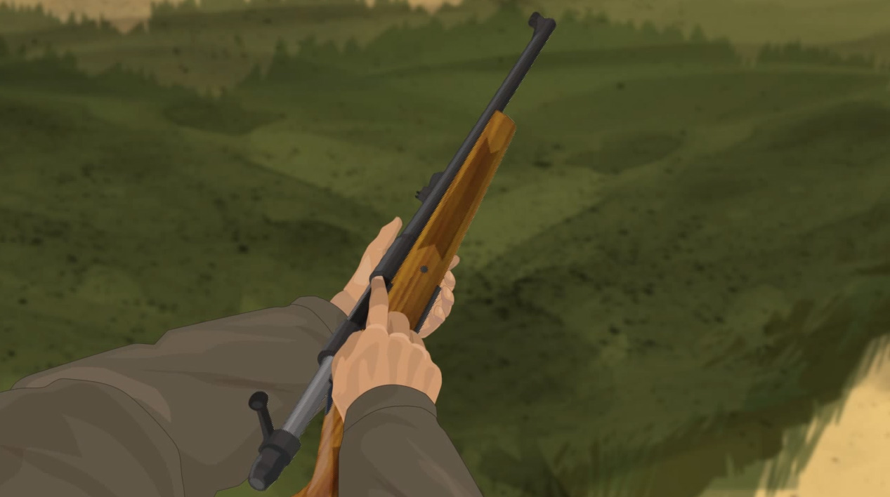 Illustration of a hunter's finger checking a bolt action rifle's feeding path for obstructions.