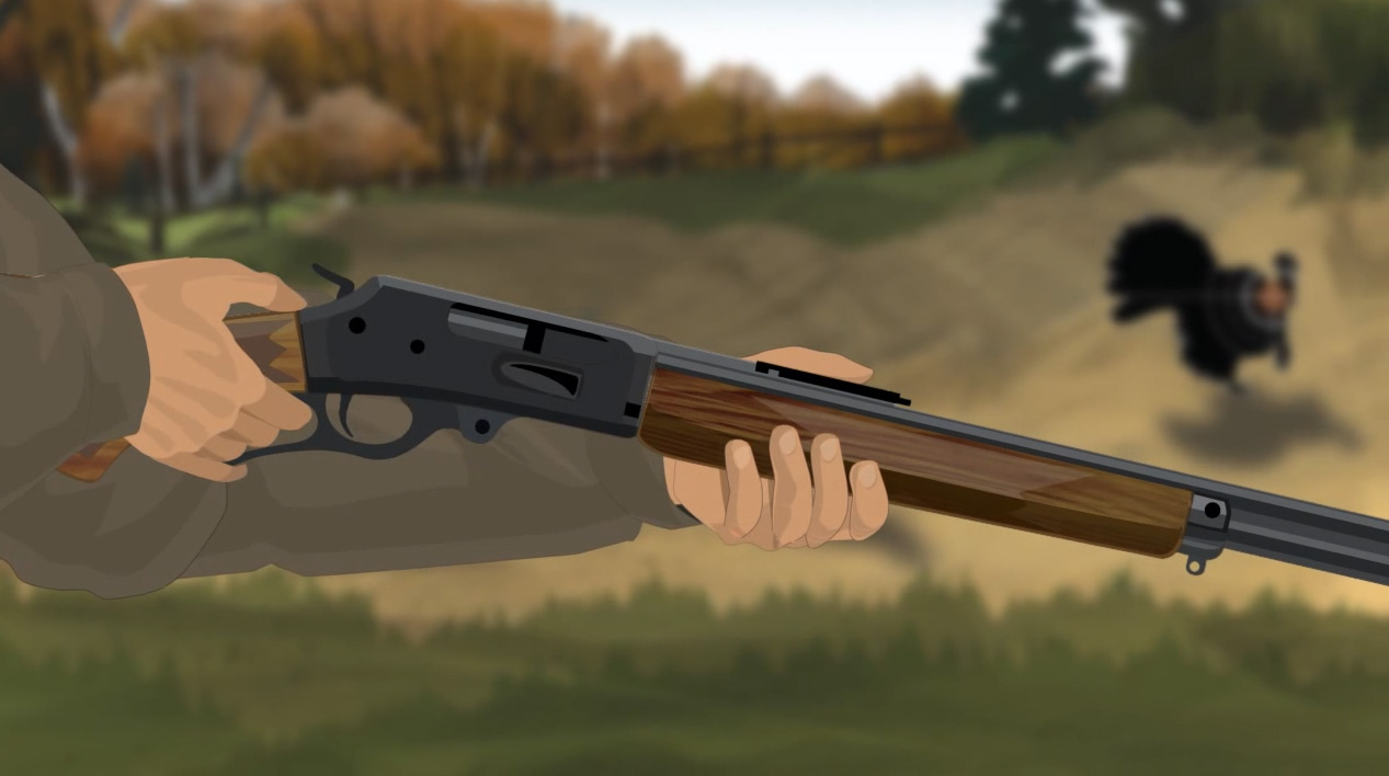 Illustration of a hunter's hands holding a lever action rifle.