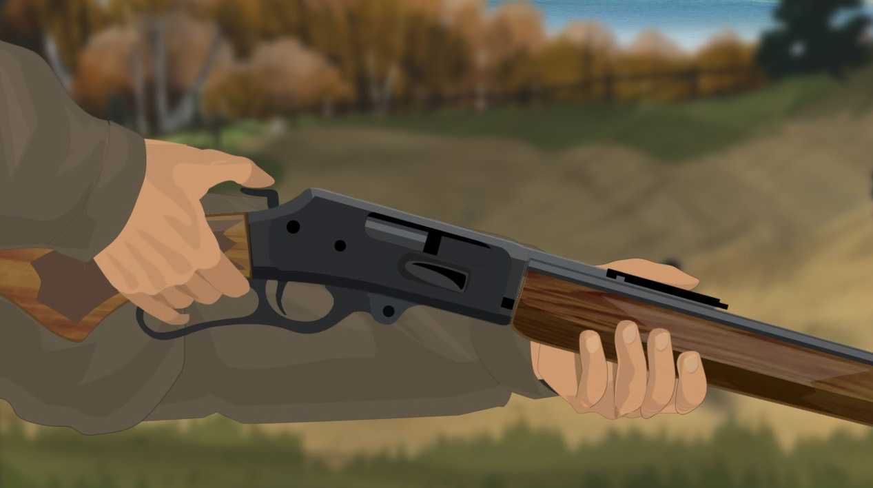 Illustration of a hunter's hands turning a lever action rifle's safety on.