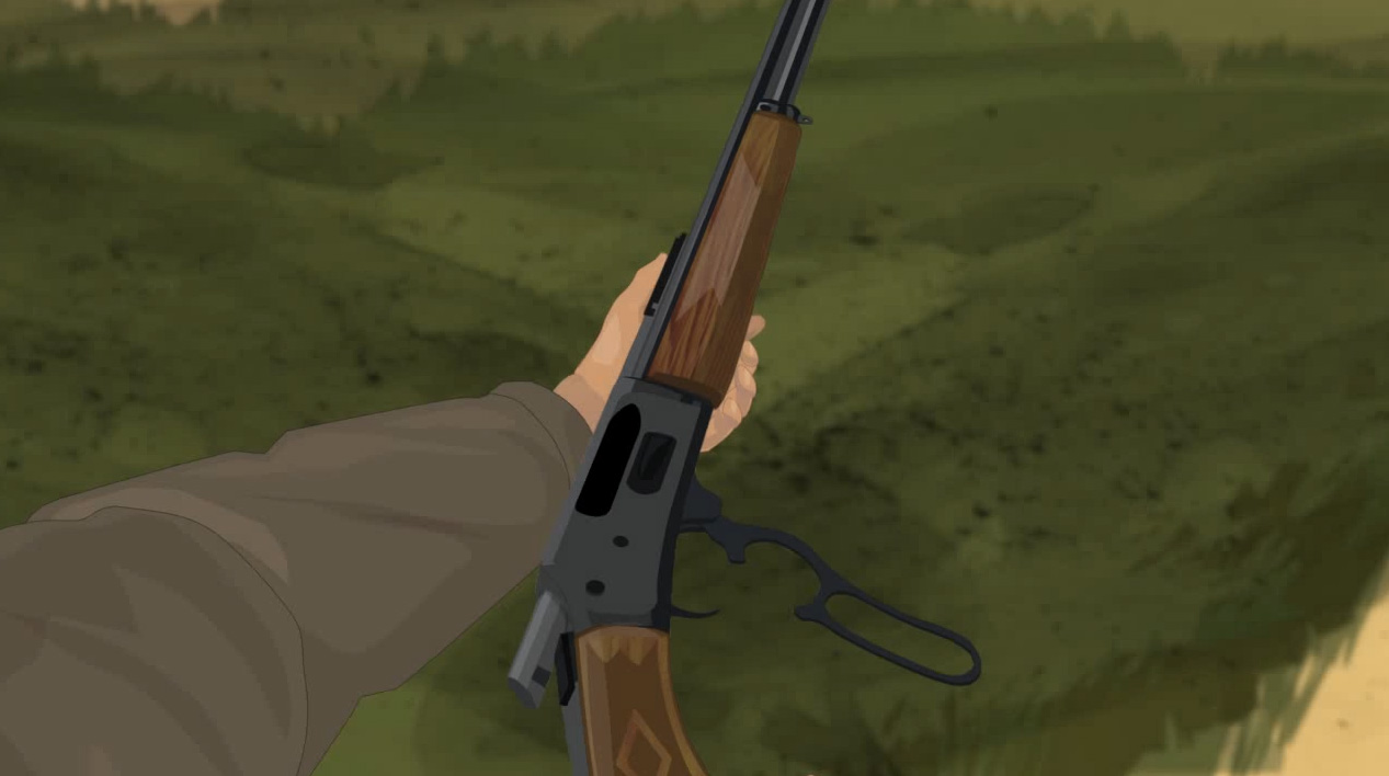 Illustration shows a hunter's hands holding a lever action rifle on its side with the action open.