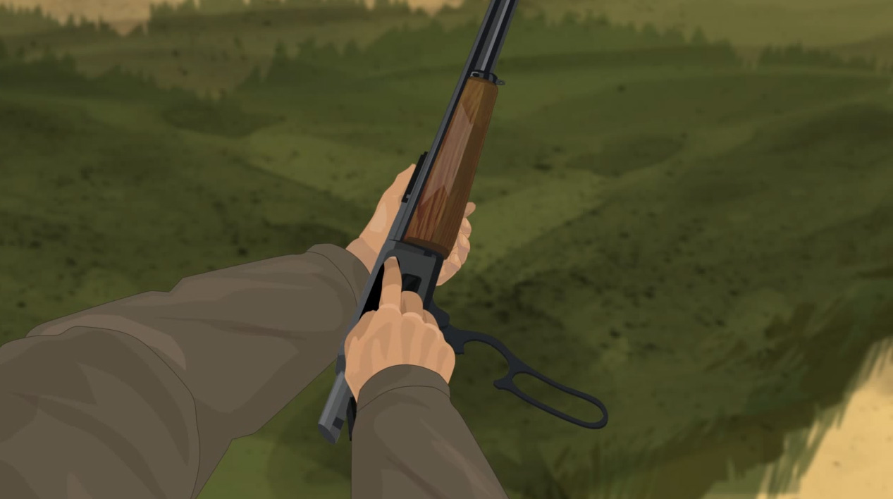 Illustration of a hunter's hands checking the chamber of a lever action rifle for obstructions.