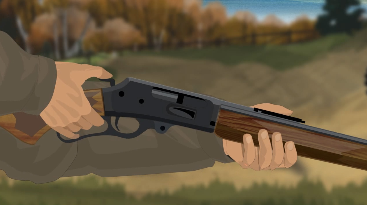 Illustration of a hunter's hands turning on a lever action rifle's safety.