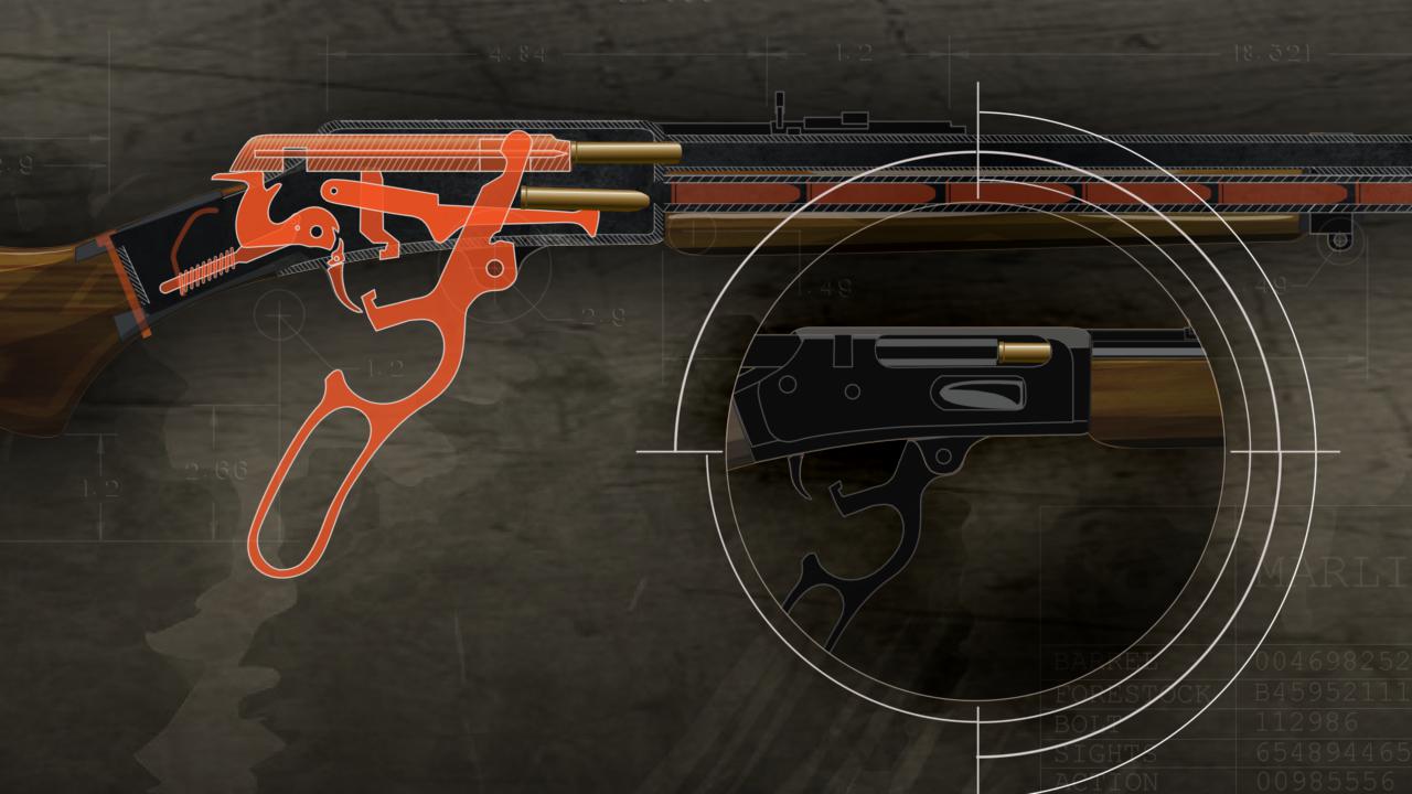 Illustration of the inside of a lever action rifle with the half open action highlighted in orange and a close up of the chamber opening.