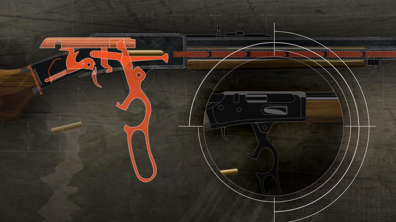 Illustration of the inside of a lever action rifle with the open action highlighted in orange and a close up the empty chamber and an ejected empty cartridge.