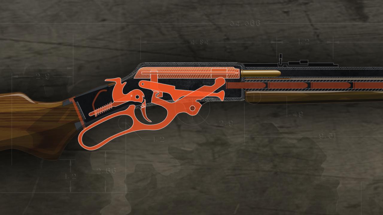 Illustration of the inside of a lever action rifle with the closed action highlighted in orange and the chamber reloaded with a new cartridge.