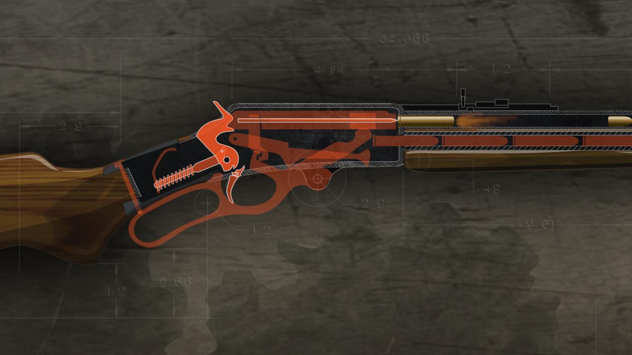 Illustration of the inside of a lever action rifle being fired.
