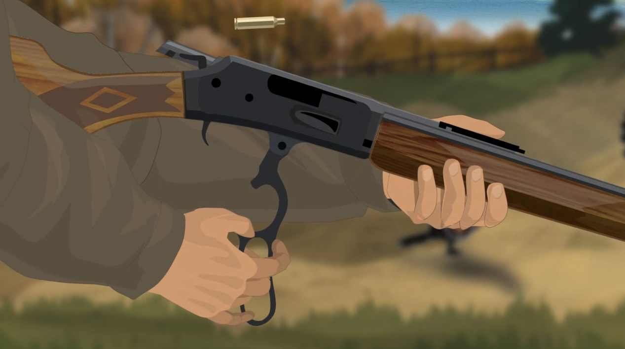 Illustration of a hunter's hands opening a lever action rifle's action to remove any spent cartridges.