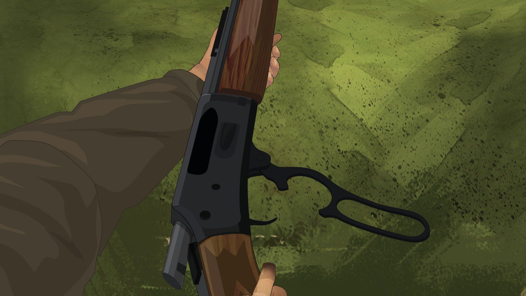 Illustration of a hunter's hands holding a lever action rifle on its side with the action open.