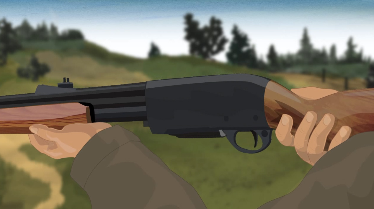 Illustration of a hunter's hands holding a pump action rifle.