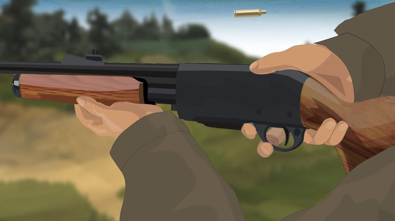Illustration of a hunter's hands opening the action of a pump action rifle to release any spent cartridges.