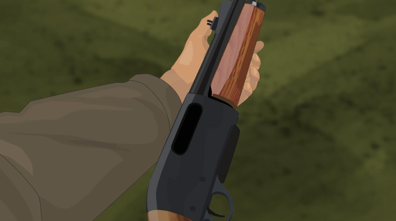 Illustration of a hunter's hands holding a pump action rifle on its side with the action open.