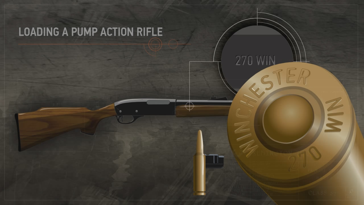 Illustration of a pump action rifle and its cartridge with a close up on the data and head stamps.