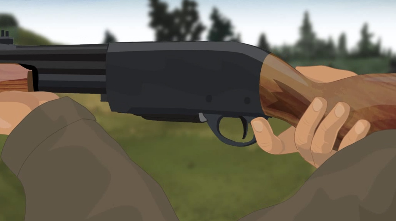 Illustration of a hunter's hands turning on a pump action rifle's safety.