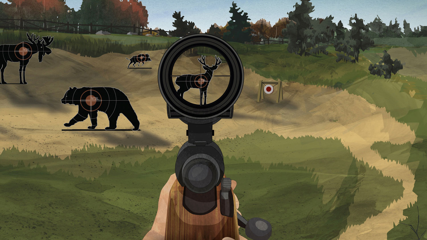 Illustration of a hunter's hands pointing a firearm at a deer target with the sight focused on the game's vital zone.
