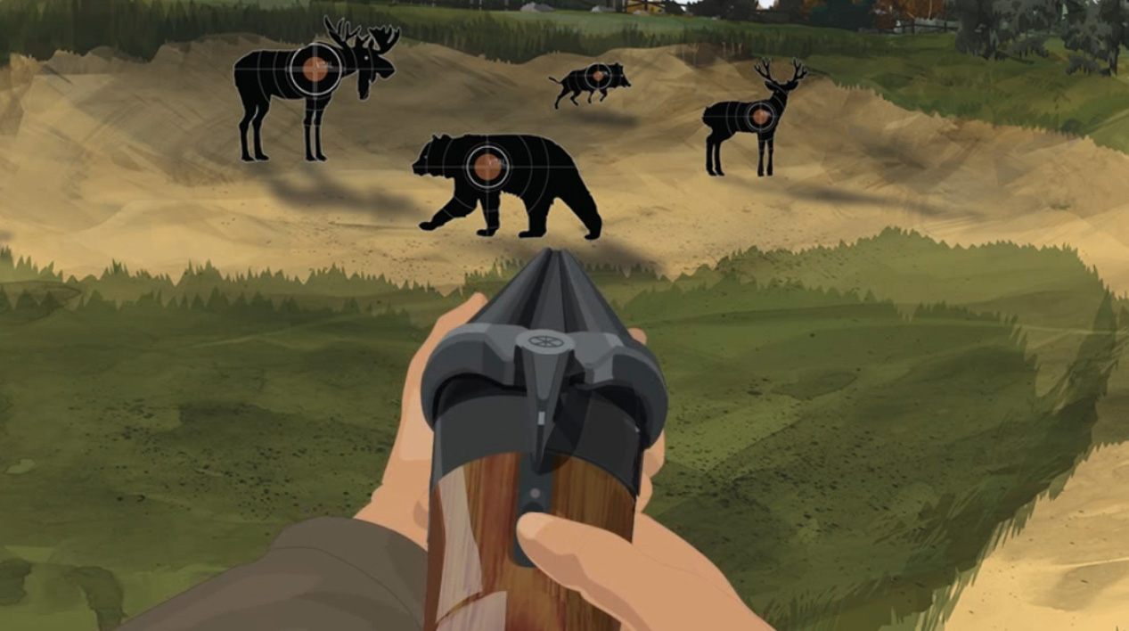 Illustration of a hunter's hands turning on a break action shotgun's safety.