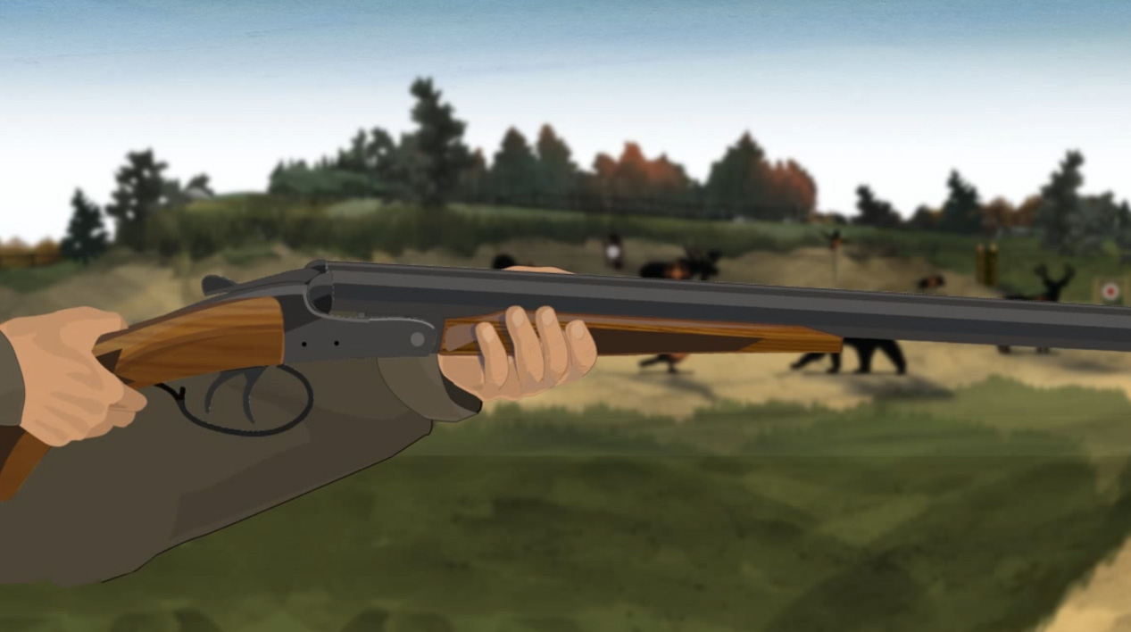 Illustration of a hunter's hands holding a break action shotgun with the muzzle pointed in a safe direction.