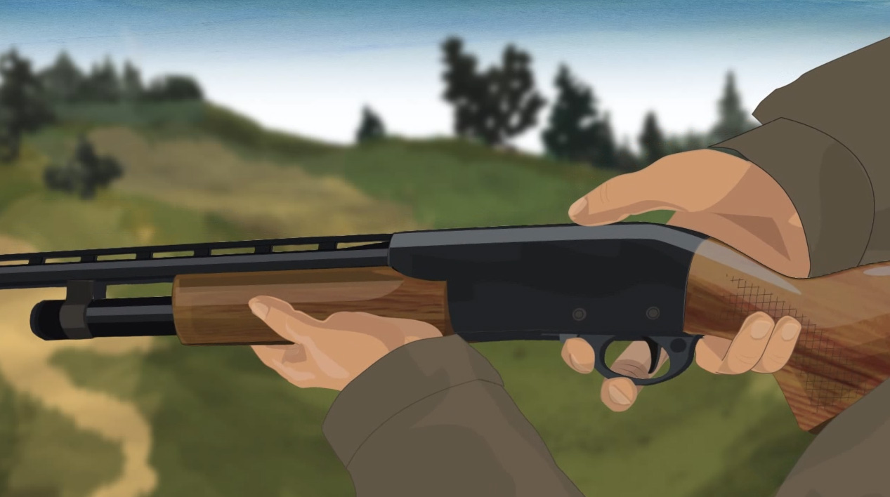 Illustration of a hunter's hands opening the action of a pump action shotgun.