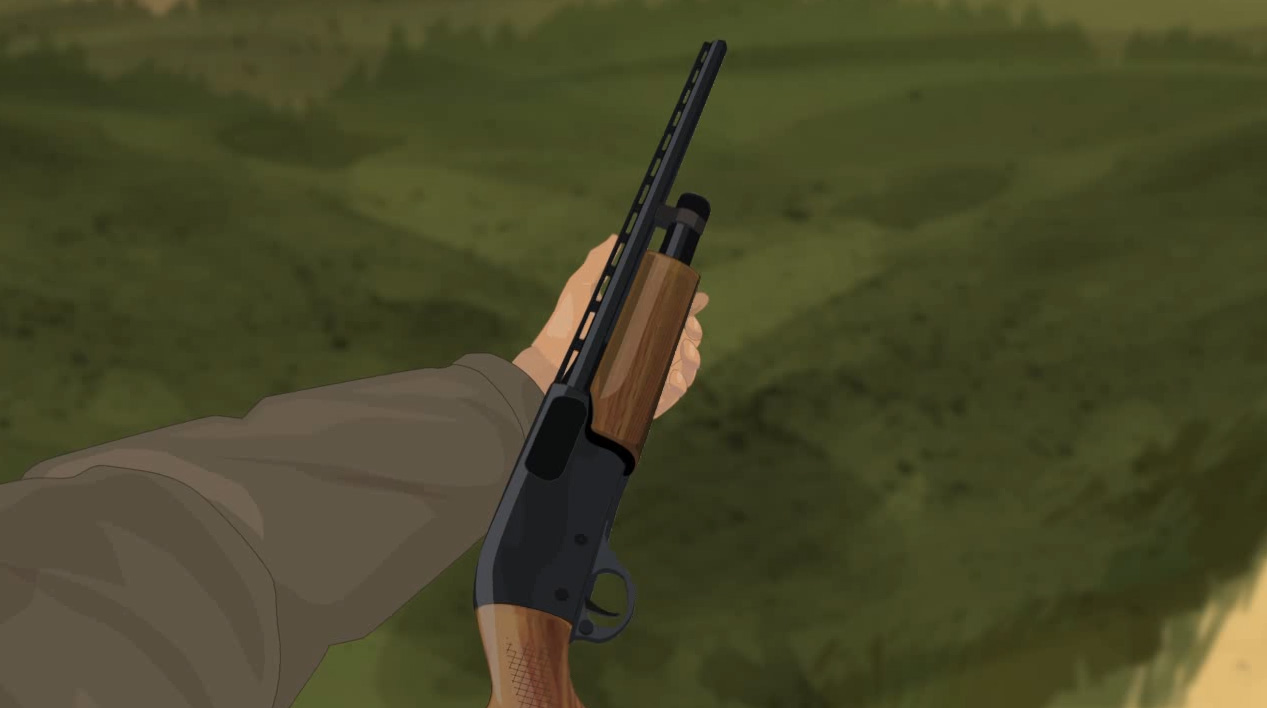 Illustration of a hunter's hands holding a pump action shotgun on its side with the action open.