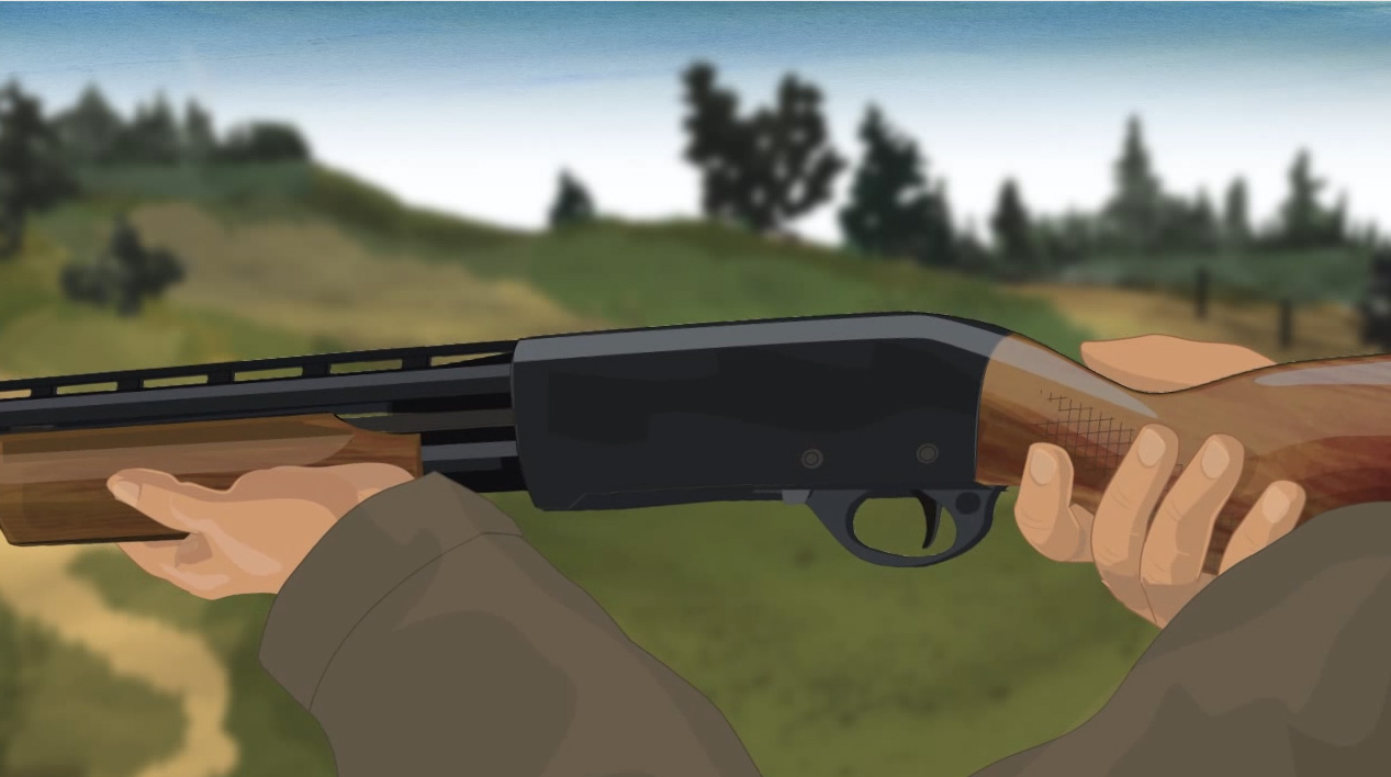 Illustration of a hunter's hands keeping off of a pump action shotgun's trigger.