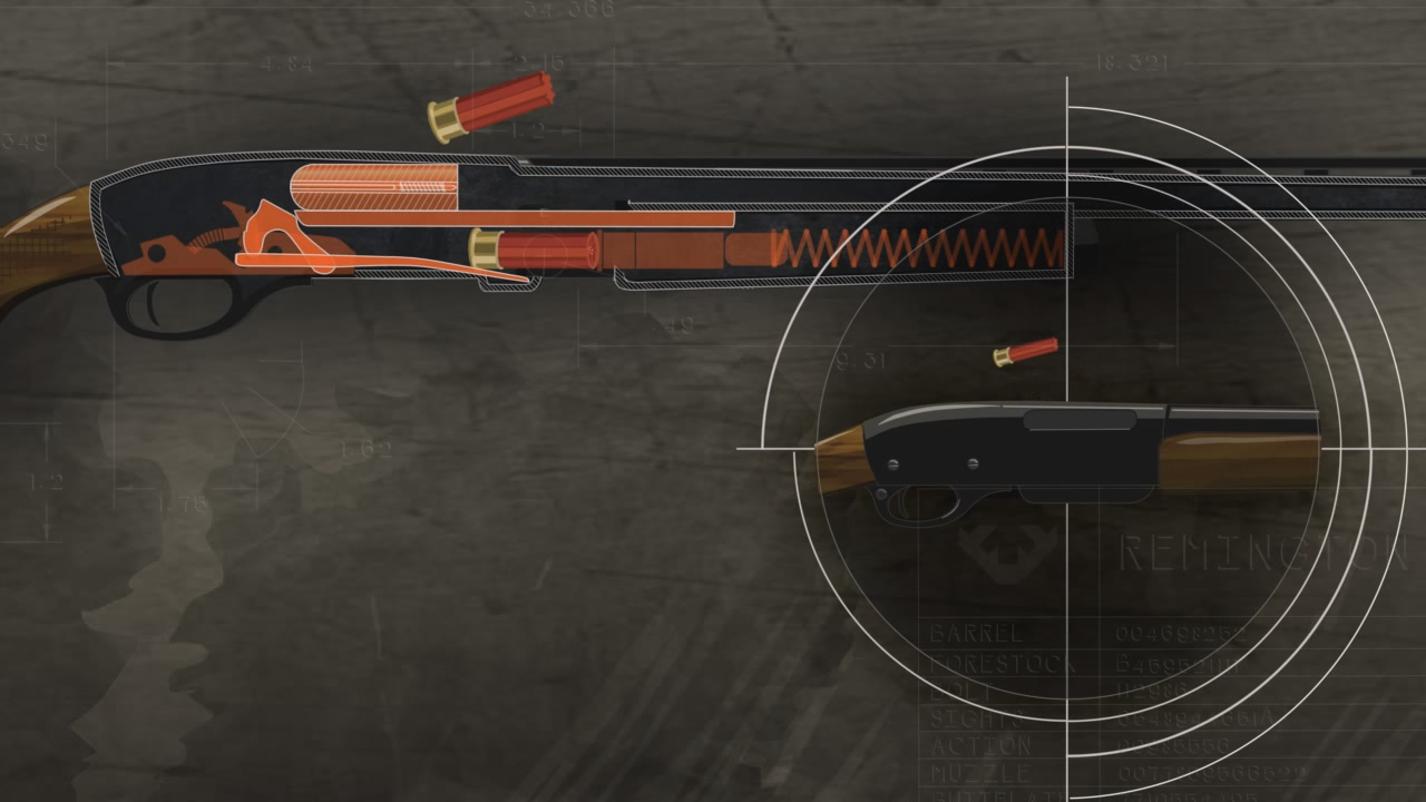 Illustration of the inside of a pump action shotgun whose forestock has been pulled back to cycle the ammunition and remove any spent shotshells. Illustration includes a close up of how the action looks from the outside.