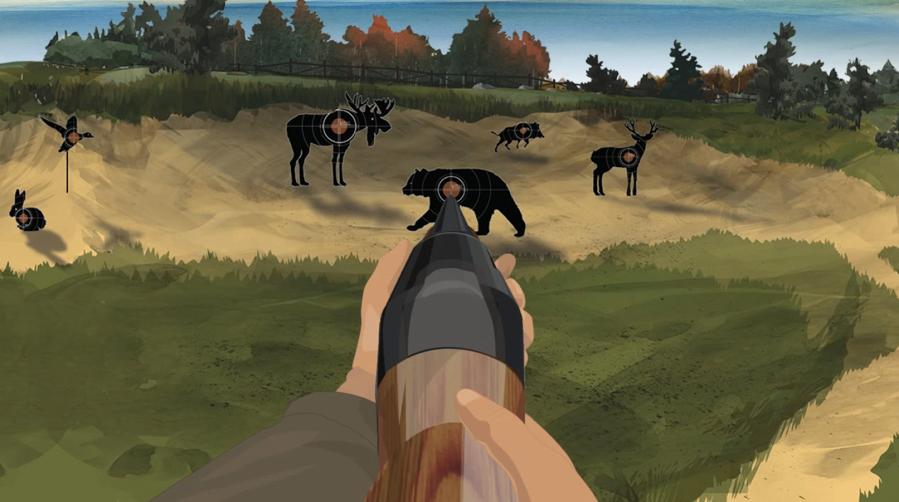 Illustration of a hunter's hands holding a forward facing pump action shotgun.