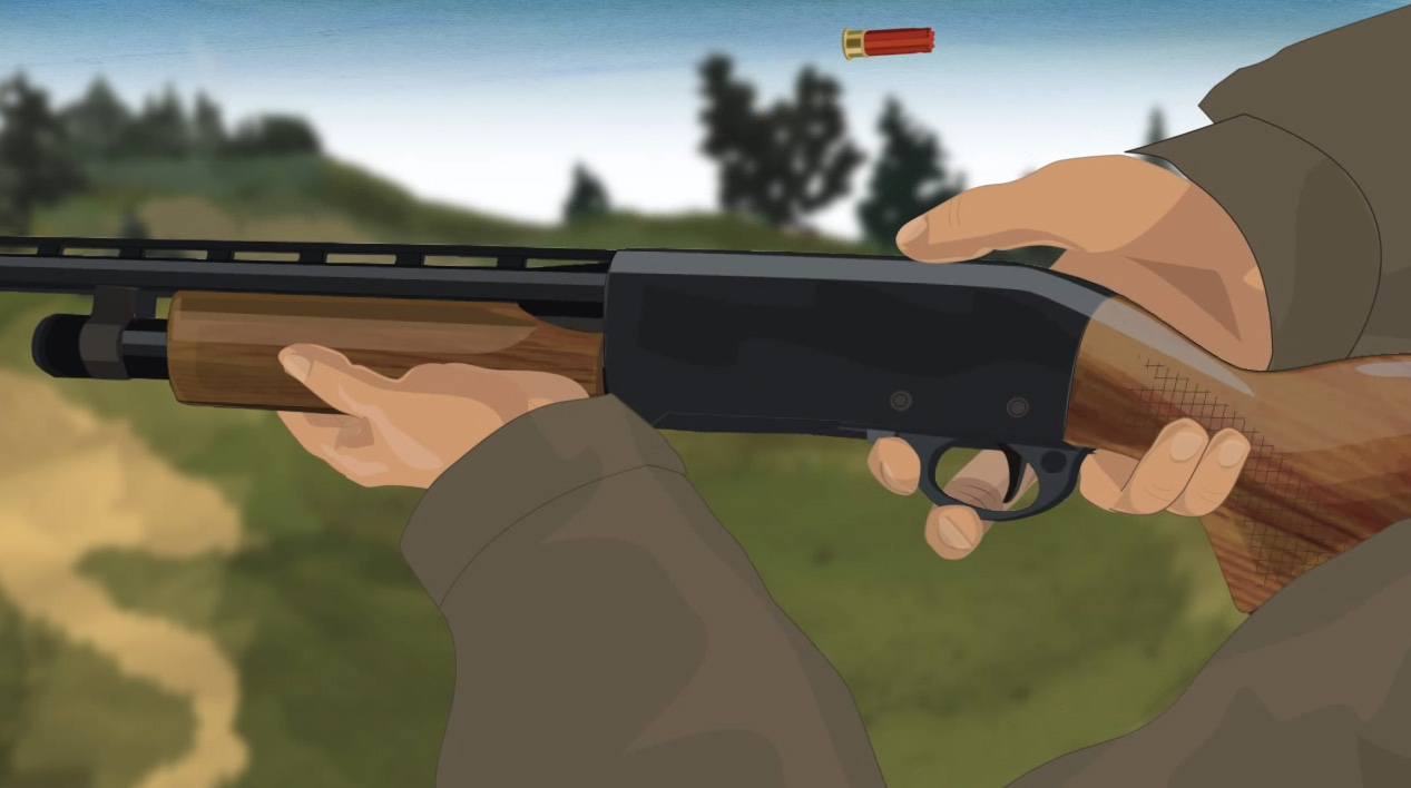 Illustration of a hunter's hands opening the action of a pump action shotgun to remove ammunition.