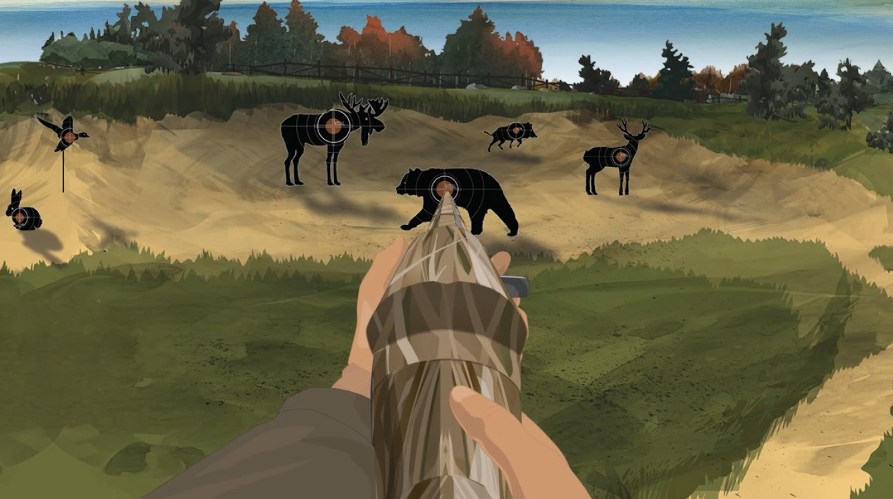 Illustration of a hunter's hands holding a forward facing semi-automatic action shotgun.