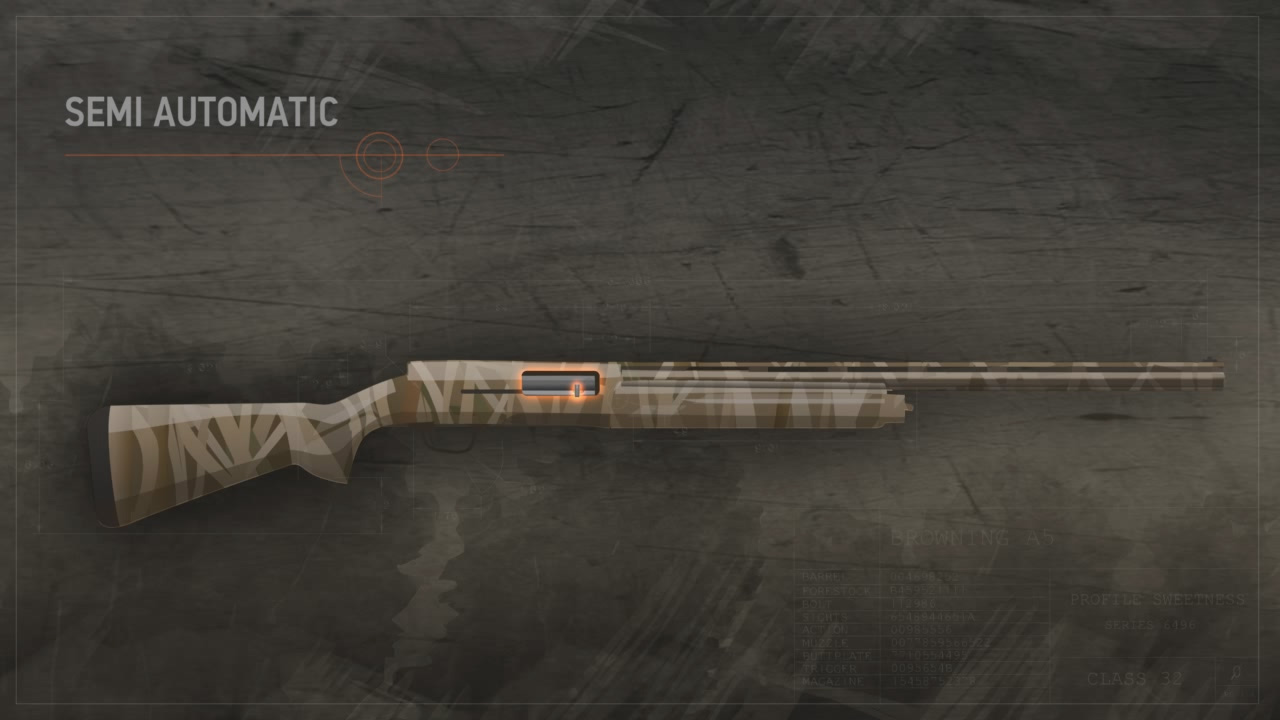 Illustration of a semi-automatic action shotgun with the action closed and highlighted in orange.