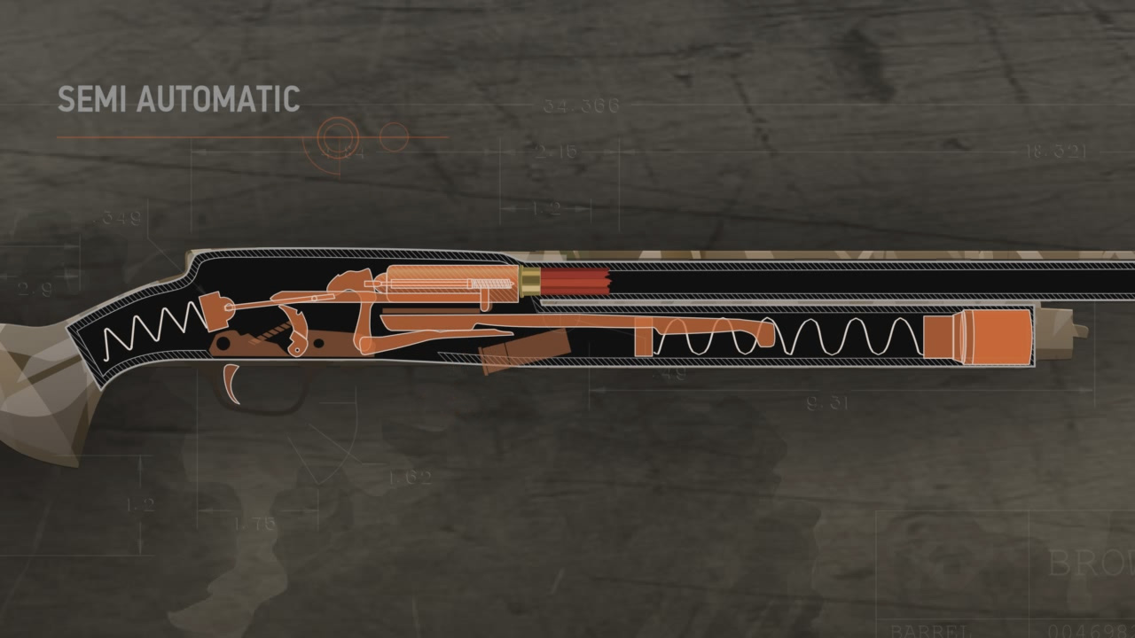 Illustration of the inside of a semi-automatic action shotgun being loaded.