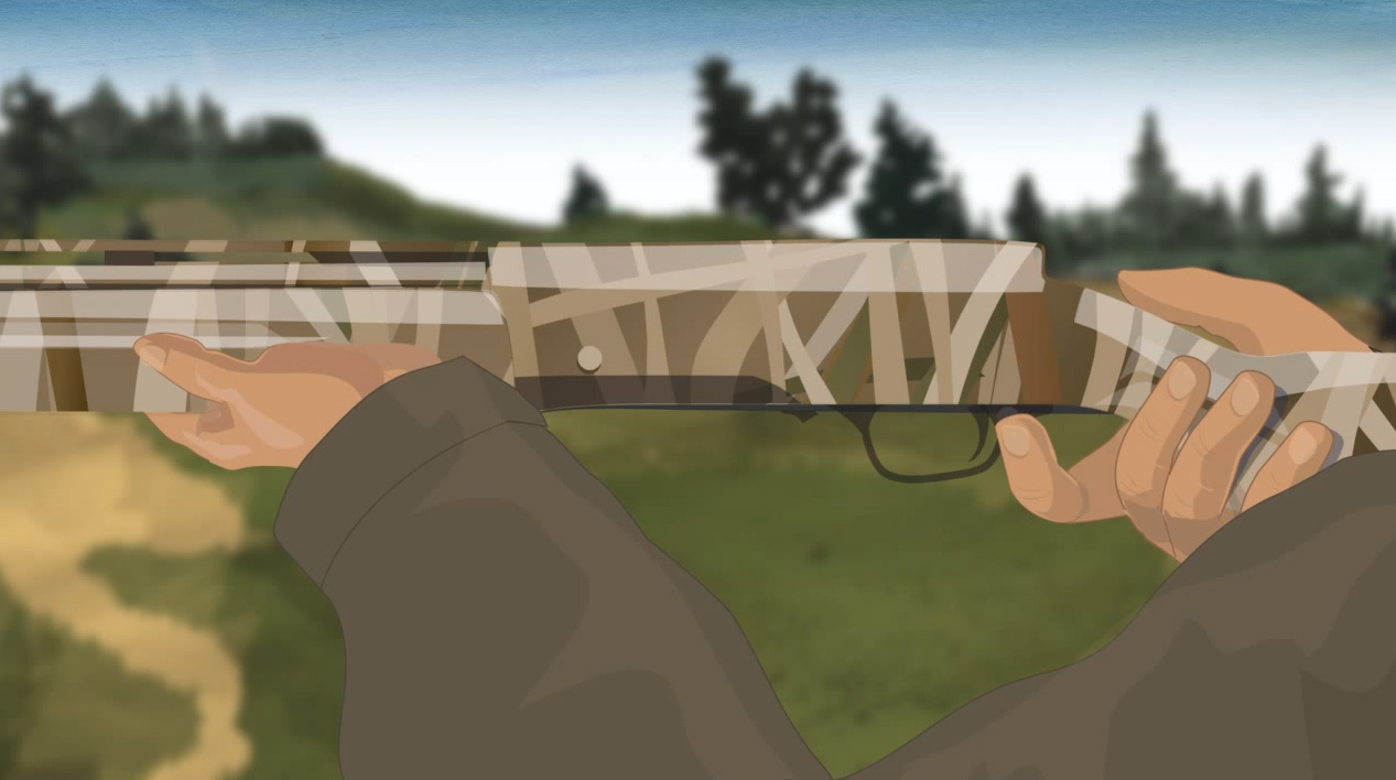 Illustration of a hunter's hands turning on a semi-automatic action shotgun's safety.