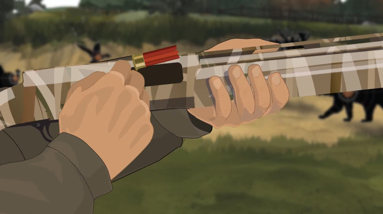 Illustration of a hunter's hands cycling the action of a semi-automatic action shotgun to remove ammunition.