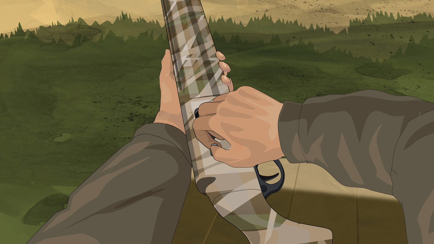 Illustration of a hunter's hands opening the action of a semi-automatic action shotgun.