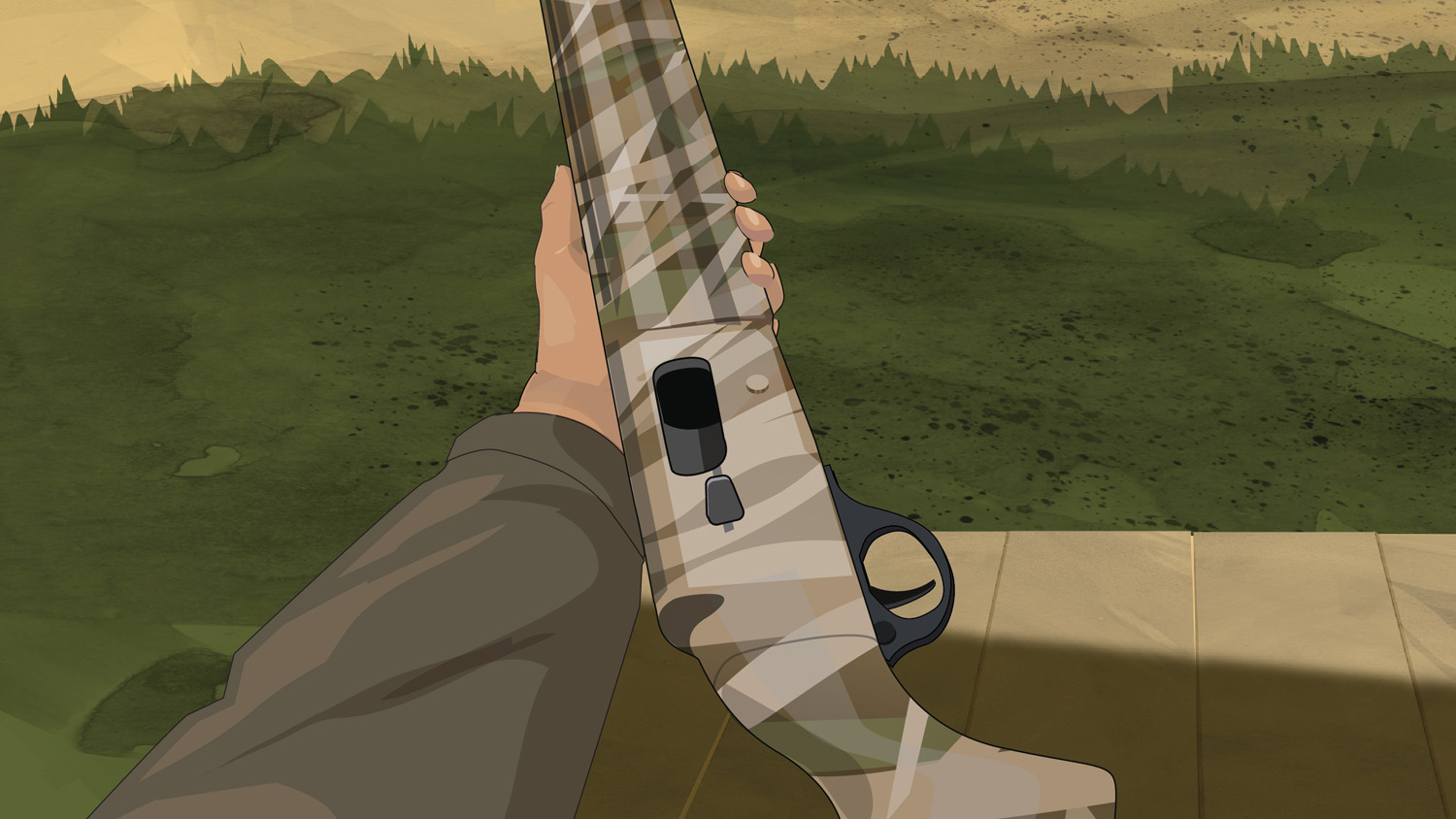 Illustration of a hunter's hands holding a semi-automatic action shotgun on its side with the action open.