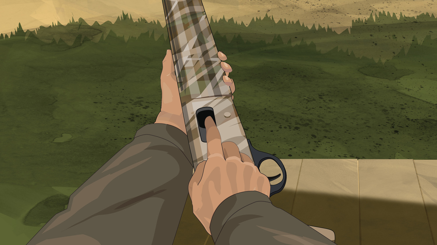 Illustration of a hunter's finger checking a semi-automatic action shotgun's feeding path for ammunition or obstructions.