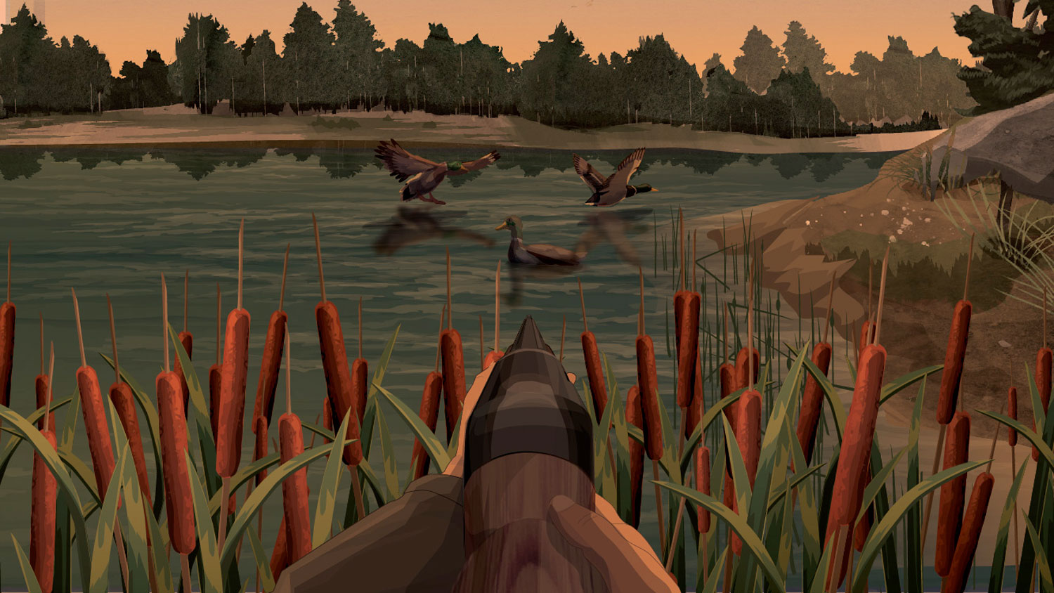 Illustration of a hunter's hands holding a forward facing firearm aimed at ducks on a body of water.
