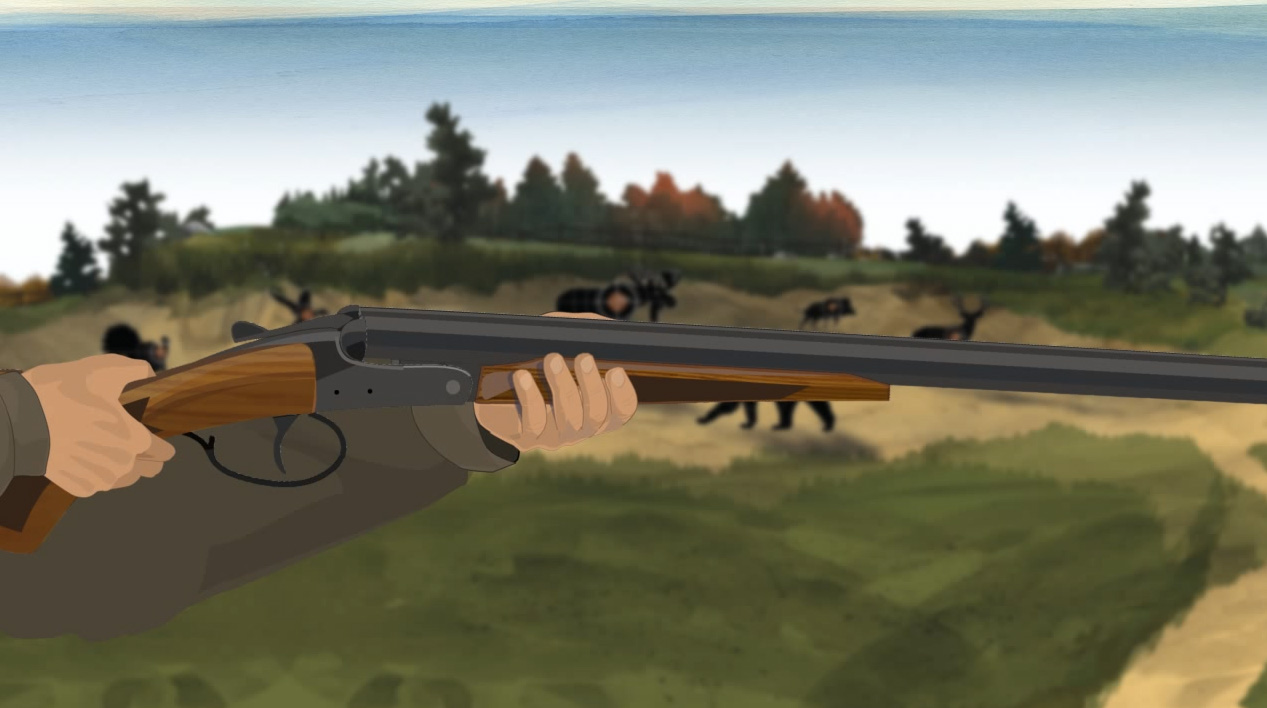 Illustration of a hunter's hands keeping off of a break action shotgun's trigger.