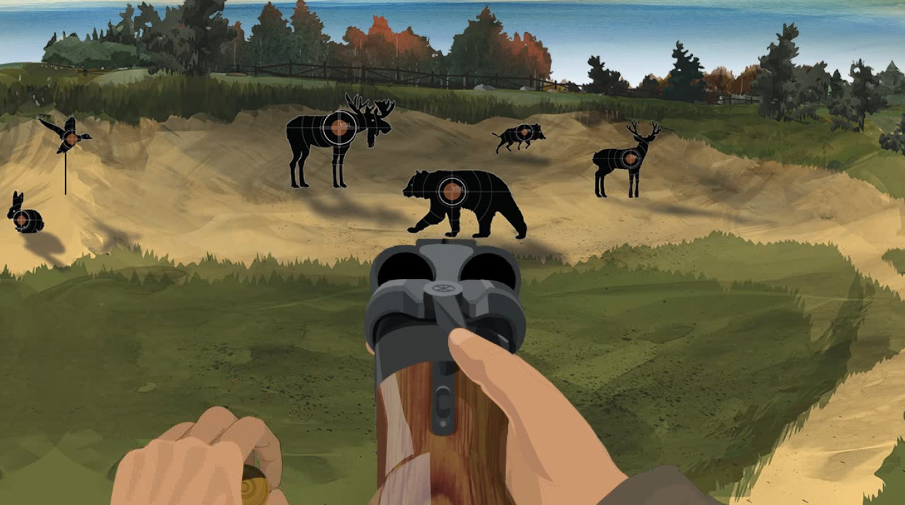 Illustration of a hunter's hands removing the ammunition from the break action shotgun.