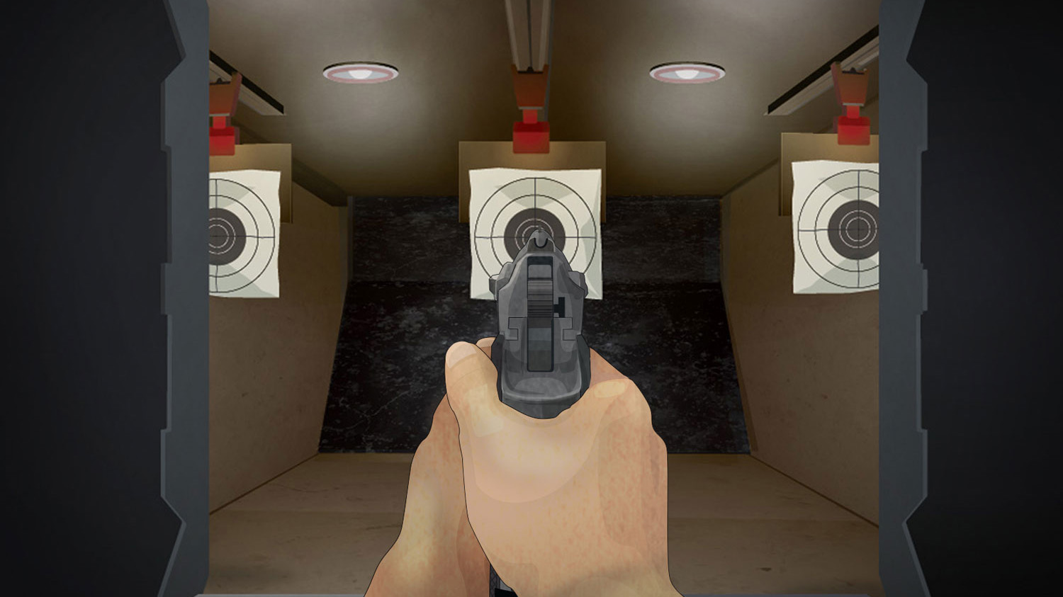Illustration of a man's hands aiming a forward facing handgun at a shooting range target.